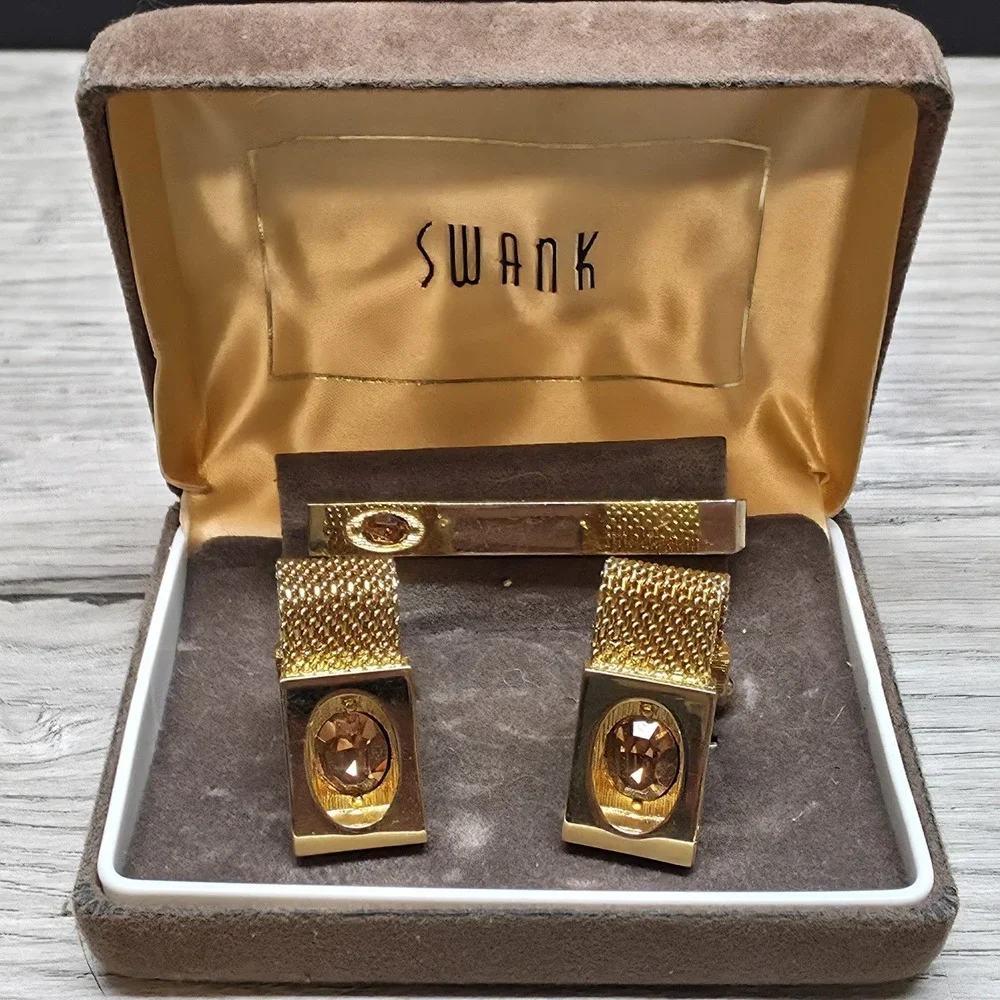 6 Vintage Mens Cufflinks Sets Lot Swank Mesh Watch Face Mother of Pearl Tie Clip